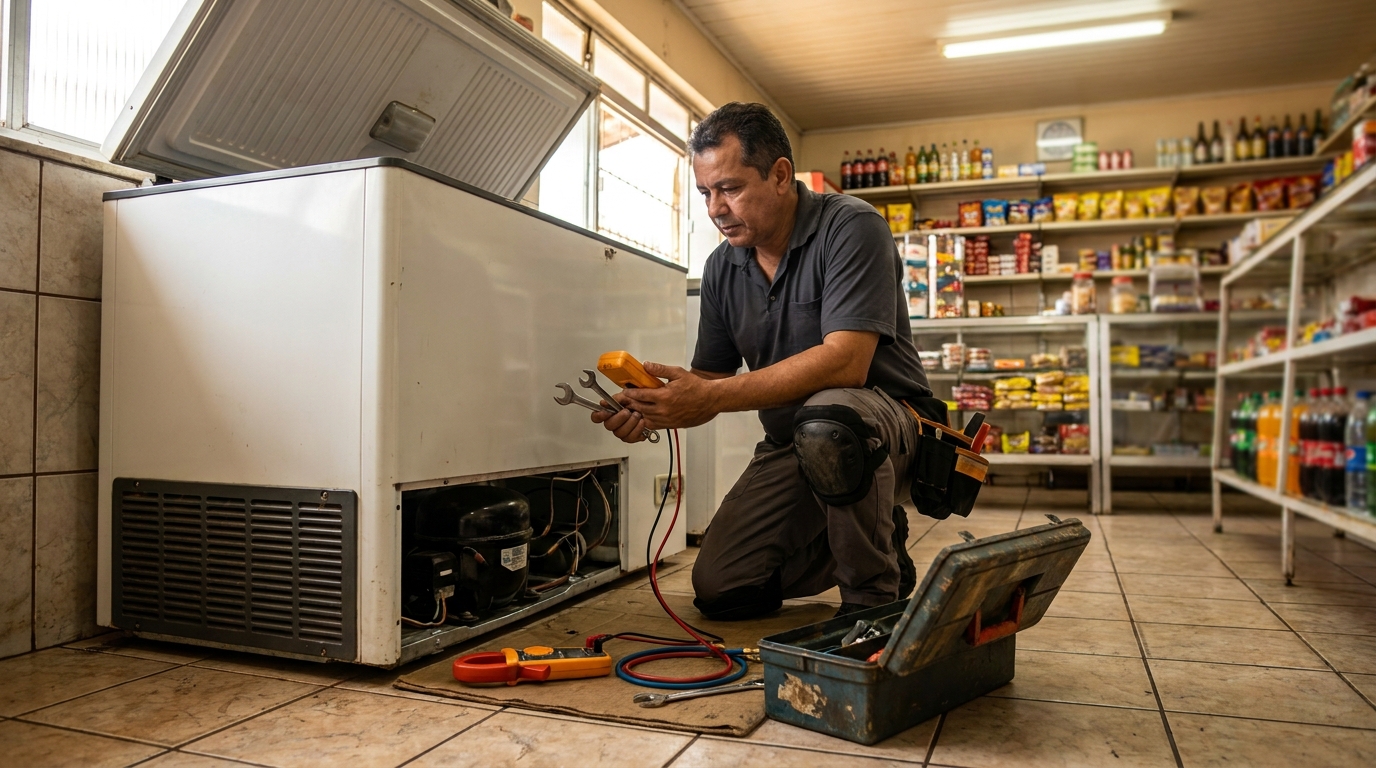 Técnico reparando o motor de um freezer horizontal em Taubaté‑SP