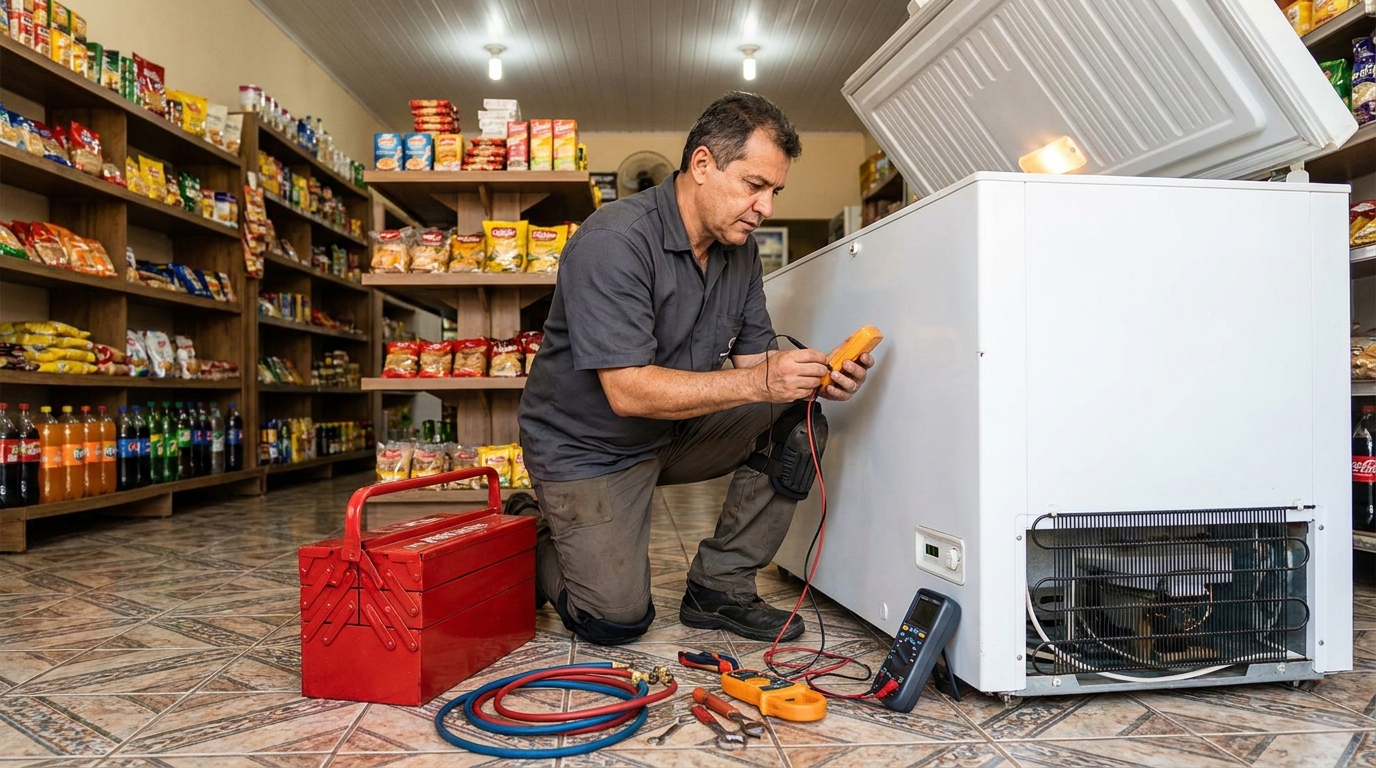 Manômetro conectado ao circuito durante recarga de gás de freezer em Taubaté‑SP